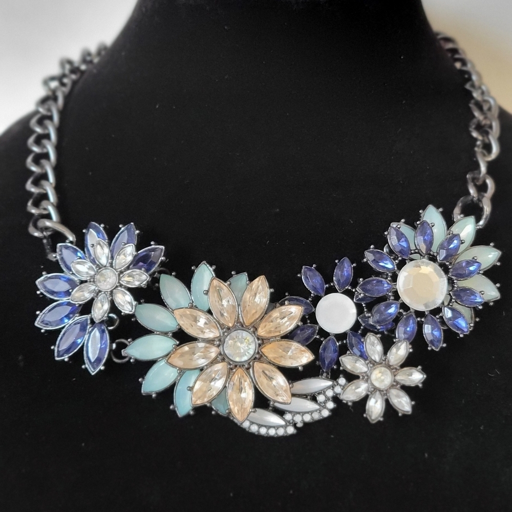Floral Statement Necklace in Blue and Silver